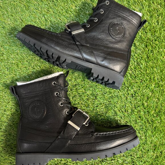 Polo Ralph Lauren Ranger Tumbled Leather Black Buckle Lug Sole Boots Mens NEW main image 4